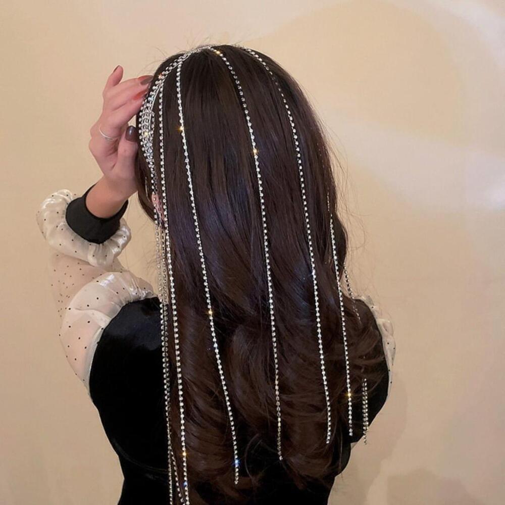 Four Layered Fringe Rhinestone Long Headband In Silver - Picture 6 of 7